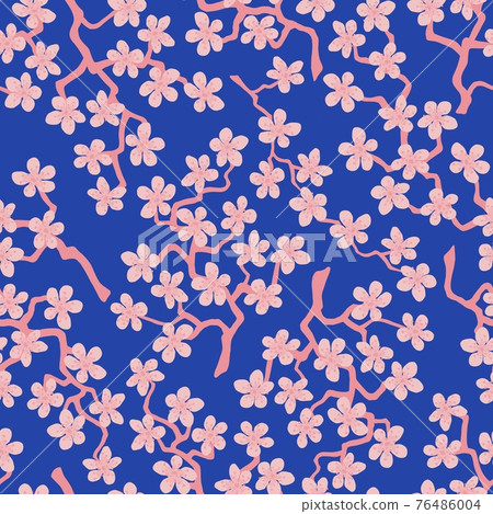 Seamless pattern with blossoming Japanese cherry sakura branches.Pink flowers on azure background Seamless pattern with blossoming Japanese cherry sakura branches.Pink flowers on azure background 76486004