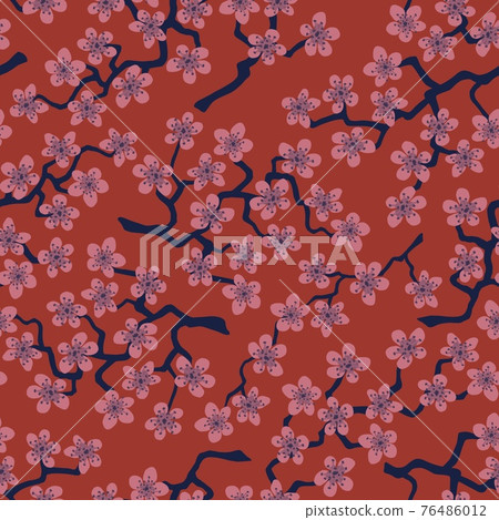 Seamless pattern with blossoming Japanese cherry sakura branches.Pink flowers on brown background Seamless pattern with blossoming Japanese cherry sakura branches.Pink flowers on brown background 76486012