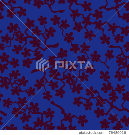 Seamless pattern with blossoming Japanese cherry sakura branches.Burgundy flower on azure background Seamless pattern with blossoming Japanese cherry sakura branches.Burgundy flower on azure background 76486016