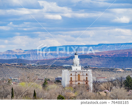 Aerial view of the cityscape of St George with the St. George Utah Temple 76488185