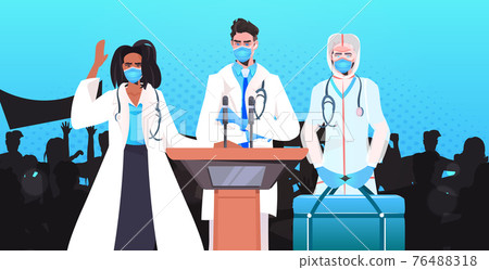 doctors in masks giving speech at tribune with microphone fight against coronavirus medical conference 76488318