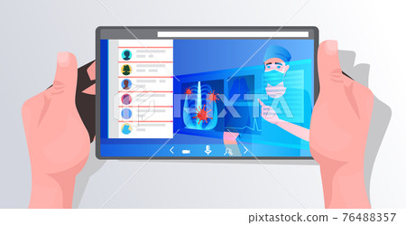 hans using tablet with doctor in mask examining x-ray viral pneumonia symptom coronavirus cells on screen hans using tablet with doctor in mask examining x-ray viral pneumonia symptom coronavirus cells on screen 76488357