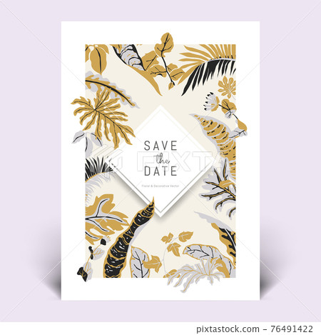 Colorful botanical invitation card template design, hand drawn tropical plants Colorful botanical invitation card template design, hand drawn tropical plants 76491422
