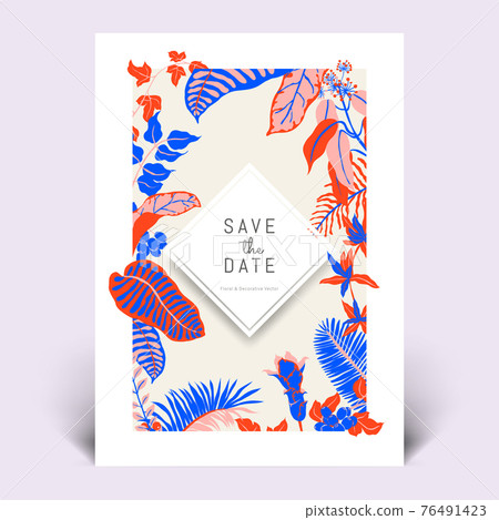 Colorful botanical invitation card template design, hand drawn tropical plants 76491423
