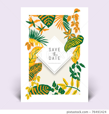 Colorful botanical invitation card template design, hand drawn tropical plants Colorful botanical invitation card template design, hand drawn tropical plants 76491424