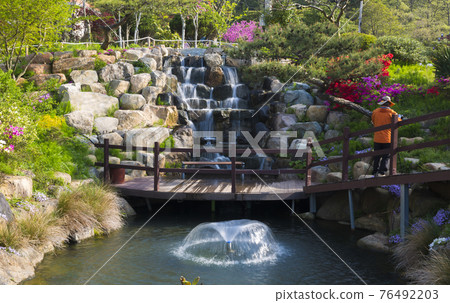 A small artificial waterfall at Jangheung Sky Blue Arboretum A small artificial waterfall at Jangheung Sky Blue Arboretum 76492203
