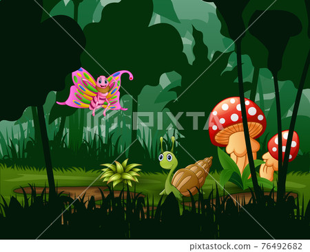 Butterfly and snail in the garden illustration Butterfly and snail in the garden illustration 76492682