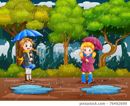 Cartoon two girls carrying umbrella under the... - Stock Illustration  [76492699] - PIXTA