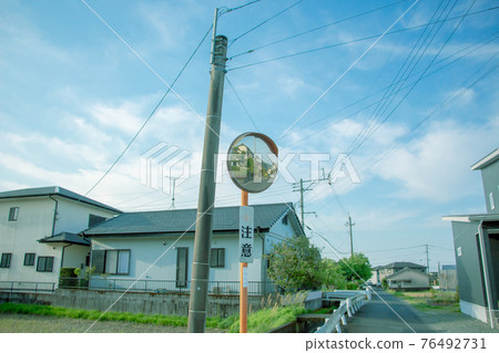 Nostalgic cityscape: blue sky, residential area, and curved mirror 76492731