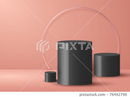 3D realistic empty minimal black cylinder shape beige color studio room background 76492798