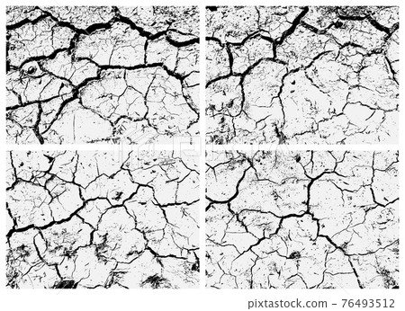 Set of cracked earth textures. Black and white texture. Cracks on the surface of dry soil. Structure of cracked ground. Set of cracked earth textures. Black and white texture. Cracks on the surface of dry soil. Structure of cracked ground. 76493512