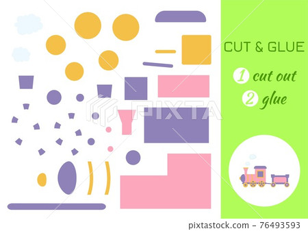 Cut and glue paper cartoon pink train. Cut and paste craft activity page. Educational game for preschool children. DIY worksheet. Kids logic game, activities jigsaw. Vector stock illustration. 76493593