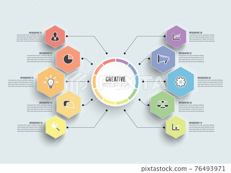 Vector infographic template with 3D paper label, integrated circles. Business concept with 10 options. For content, diagram, flowchart, steps, parts, timeline infographics, workflow, chart. 76493971