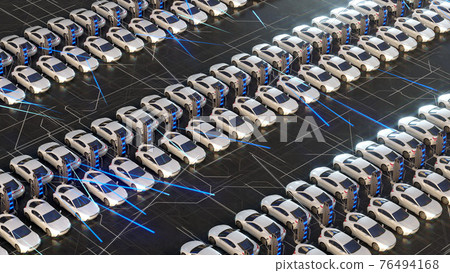 Large parking lot with electric cars, charging stations, power supply. The electric car is charging. 3D illustration Large parking lot with electric cars, charging stations, power supply. The electric car is charging. 3D illustration 76494168