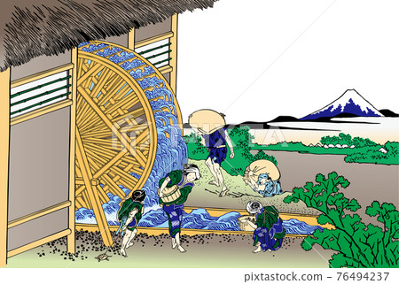 Katsushika Hokusai image The waterwheel at Onden bright version white background 76494237