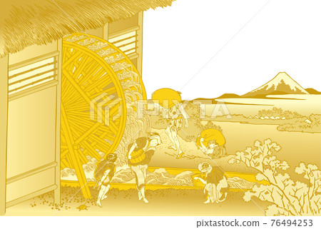 Katsushika Hokusai image The waterwheel at Onden white background 76494253