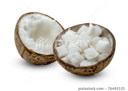 Coconut milk tropical fruit or fluffy coconut chopped isolated on white background Coconut milk tropical fruit or fluffy coconut chopped isolated on white background 76495535