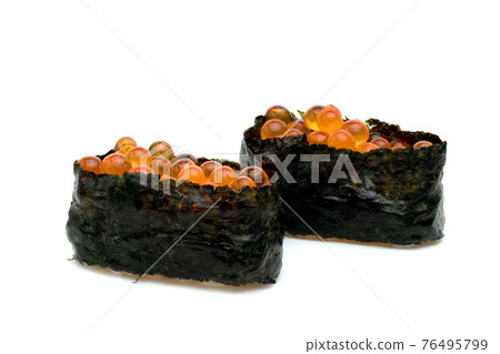 rolled sushi of salmon roe isolated on white background rolled sushi of salmon roe isolated on white background 76495799