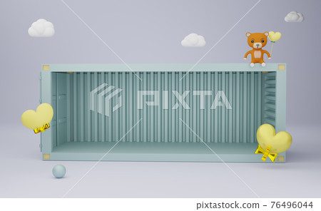 shipping container empty with yellow heart shapes and Teddy bear in gray composition for modern stage display and minimalist mockup ,valentine's day background ,Concept 3d illustration or 3d render 76496044
