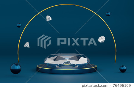 podium empty with diamond and geometric shapes in blue composition for modern stage display and minimalist mockup ,abstract showcase background ,Concept 3d illustration or 3d render 76496109