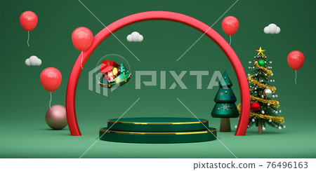 Podium empty and snowman with Christmas tree and snow globe in green composition for website or poster or Happiness cards,Christmas banner and festive New Year, realistic 3d illustration or 3d render Podium empty and snowman with Christmas tree and snow globe in green composition for website or poster or Happiness cards,Christmas banner and festive New Year, realistic 3d illustration or 3d render 76496163