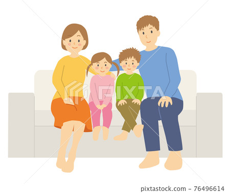 A group of four family members sitting on the sofa 76496614