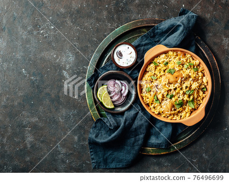 Pakistani chicken biryani rice, top view, copy space Pakistani chicken biryani rice, top view, copy space 76496699