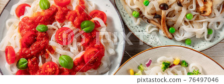 Konjac pasta panorama. Fettuccine with various vegetables and sauces Konjac pasta panorama. Fettuccine with various vegetables and sauces 76497046