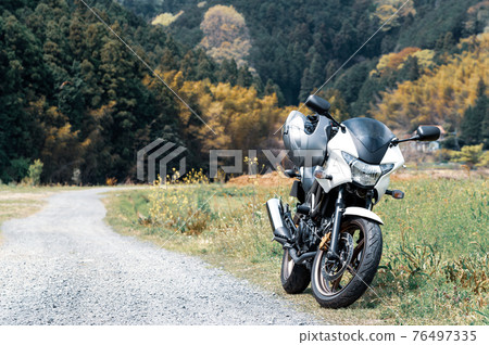 Spring Bike Touring A straight road in a satoyama where trees sprout e-2 Cool light color 76497335