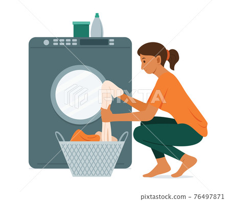 Woman Wash the Clothes with Washing Machine. 76497871