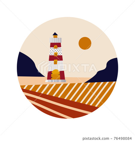 Decorative lighthouse on the background of a landscape in teracot colors. 76498084