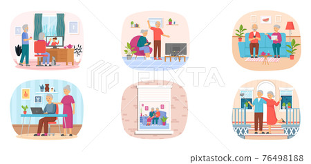 Old people play video game. Senior people with different gadgets. Oldster education on computer Old people play video game. Senior people with different gadgets. Oldster education on computer 76498188