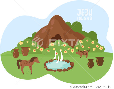 Horse and pig walks near small lake and rock. Jeju island nature and landscape vector illustration 76498210