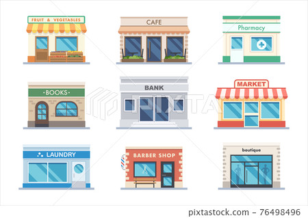 Store facade shop and bank building exterior set Store facade shop and bank building exterior set 76498496