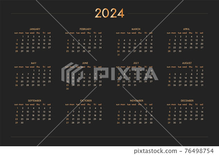 2024 calendar for personal planner diary notebook, gold on black luxury rich style. Horizontal landscape format. Week starts on sunday 76498754