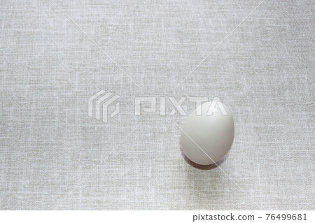 white chicken egg on textile rustic gray background. Design for poultry industry, production of eco bio natural food. Free space for text. minimalistic top view. design for banners, cards. 76499681