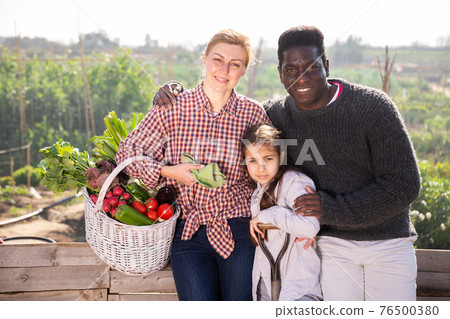 couple of gardeners with daughter holding harvest of fresh vegetables couple of gardeners with daughter holding harvest of fresh vegetables 76500380