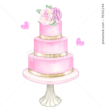 心形玫瑰花和絲帶裝飾結婚蛋糕【手繪水彩】 心形玫瑰花和絲帶裝飾結婚蛋糕【手繪水彩】 76501244
