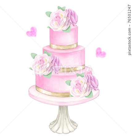 心形玫瑰花和絲帶裝飾結婚蛋糕【手繪水彩】 心形玫瑰花和絲帶裝飾結婚蛋糕【手繪水彩】 76501247