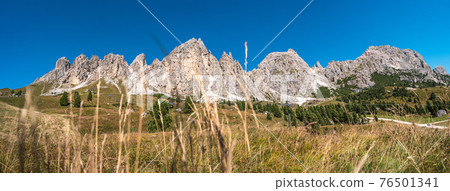 Panoramic view of magical Dolomite peaks of Pizes da Cir, Passo Gardena at Autumn, South Tyrol, Italy 76501341