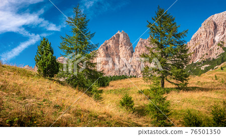 Panoramic view of magical Dolomite peaks, forests, valleys at Au 76501350
