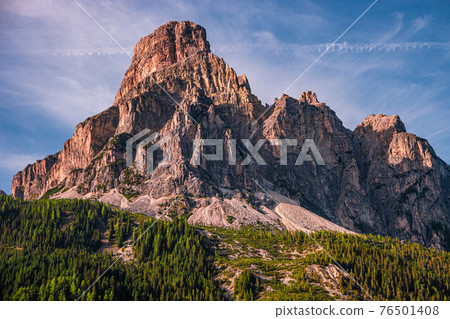 Panoramic view of magical Dolomite peak Sassongher, forests, valleys at Autumn, South Tyrol, Italy Panoramic view of magical Dolomite peak Sassongher, forests, valleys at Autumn, South Tyrol, Italy 76501408