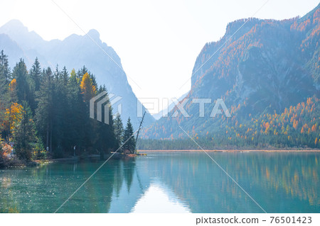 Panoramic view over the Toblacher Lake (Lago di Dobbiaco) and Dolomite mountain summits nearby in Autumn October colors at foggy morning, Dolomites, South Tyrol, Italy 76501423
