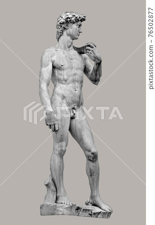 Statue of handsome and strong David at Piazza Della Signoria in Florence, isolated at even background, Italy, details Statue of handsome and strong David at Piazza Della Signoria in Florence, isolated at even background, Italy, details 76502877