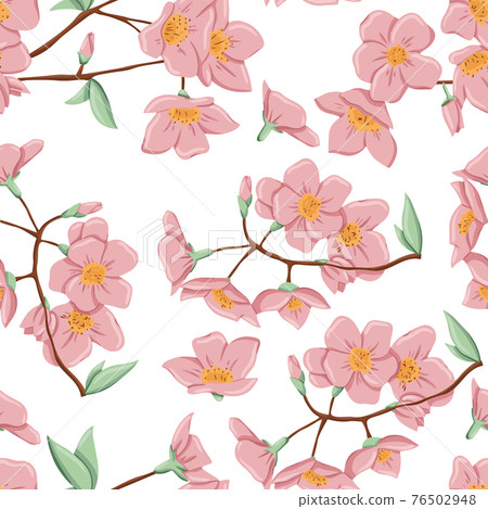 Fresh pink flowers on branch with leaves... - Stock Illustration ...