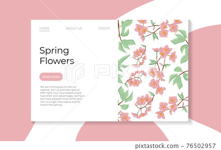 Fresh pink flowers on branch with leaves landing page template. Vector hand drawn illustration of spring flowers. 76502957