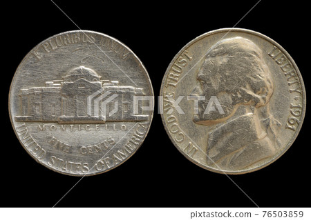 An old nickel coin of 1961, portrait of third president of the United States Thomas Jefferson on obverse and Monticello, Jefferson's home on reverse. Isolated on a black background 76503859