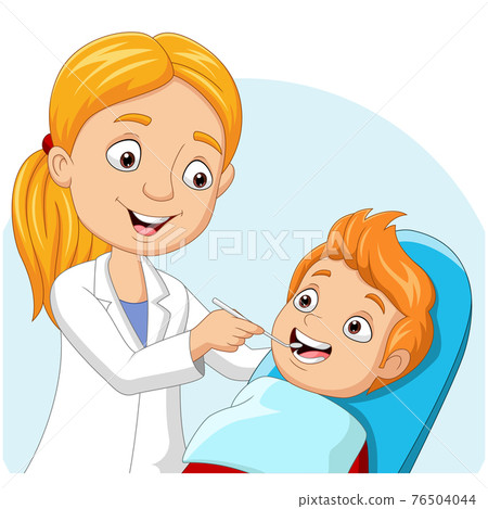 Cartoon doctor dentist checking boy teeth Cartoon doctor dentist checking boy teeth 76504044
