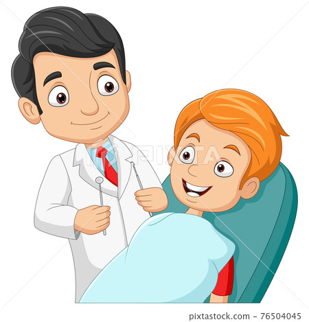 Cartoon dentist checking boy's teeth 76504045