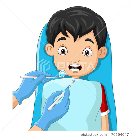 Cartoon little boy teeth checked by dentist Cartoon little boy teeth checked by dentist 76504047